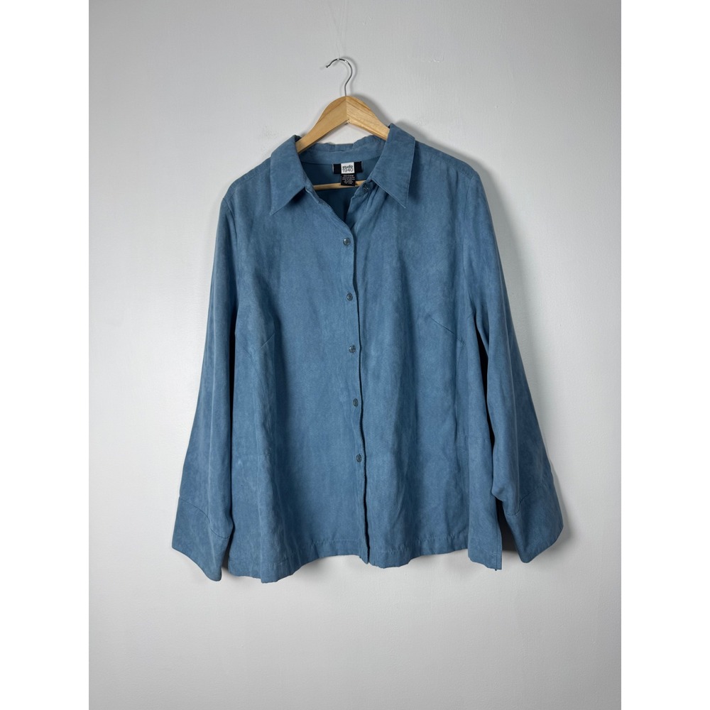 Minimalist Studio 1940 Womens 22/24W Faux Suede Blouse Blue Button Up Side Slits